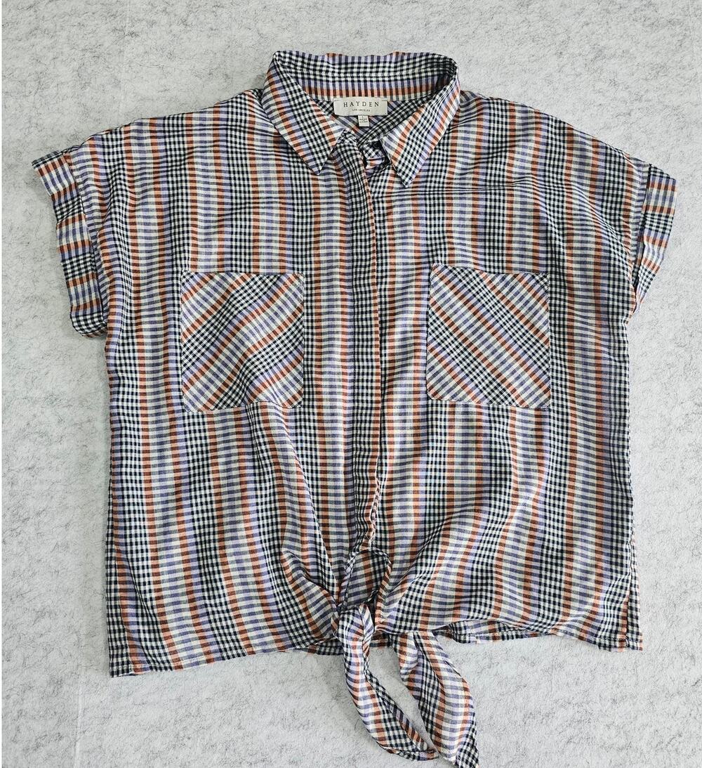 Hayden Button Up Blouse, Plaid, Tie Waist, Western, Boho, Womens Sz L